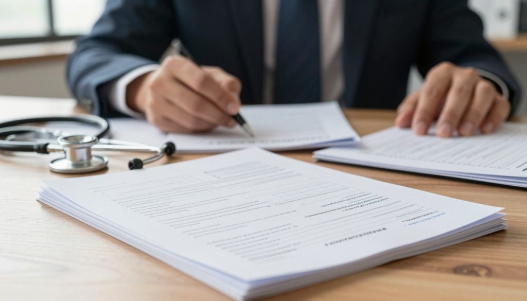 A close-up view of a neatly organized stack of medical malpractice claim documentation spread across a wooden desk. The foreground features a crisp, white claim form with spaces filled with legible handwritten notes in blue ink. A stethoscope and a medical report lie nearby, hinting at the medical context. In the middle ground, there's a professional-looking person in business attire, focused on reviewing the documents, their expression serious yet determined. The background shows a softly blurred office setting with warm, natural lighting streaming through a window, creating a calm and serious atmosphere. The image should evoke a sense of professionalism and urgency, without any text or distractions.