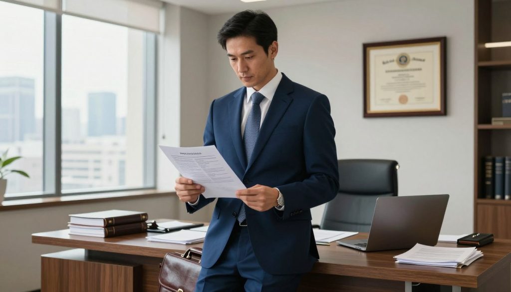 A confident medical malpractice lawyer stands in a modern office, dressed in a tailored navy blue suit, with a white shirt and a subtle patterned tie. In the foreground, they hold a legal briefcase and are studying a medical chart with a focused expression, symbolizing their dedication to client advocacy. In the middle ground, a large wooden desk is cluttered with legal documents, a laptop, and a framed diploma on the wall, enhancing the professional atmosphere. The background features a large window with natural light streaming in, revealing a city skyline, which adds a sense of urgency and professionalism. The mood is serious and determined, conveying the importance of exploring legal options for surgical errors. The image is shot from a slightly low angle, emphasizing the lawyer's authority and expertise.