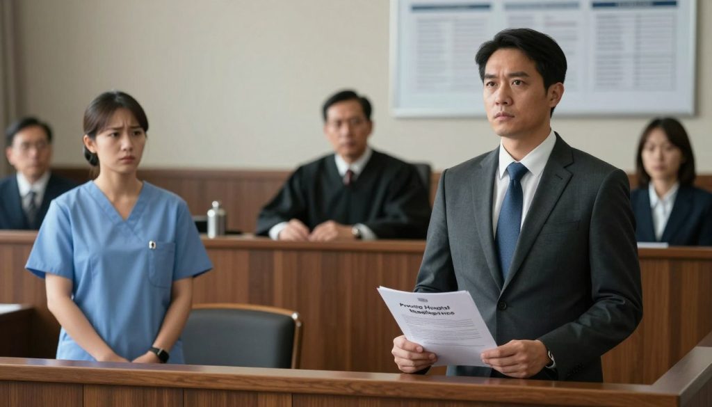 A courtroom scene illustrating the theme of "Proving Hospital Negligence." In the foreground, a serious lawyer in a professional suit stands confidently at a wooden trial table, holding a file of medical documents. Adjacent, a nurse in modest scrubs looks anxious, representing the healthcare professionals involved. The middle of the scene features a judge behind a bench, gazing sternly, and a jury attentively listening. The background displays a blurred image of hospital equipment and medical charts to reinforce the clinical setting. Use soft, diffused lighting to create an atmosphere of tension mixed with hope. The angle should be slightly above eye level, capturing the full scope of the courtroom dynamics. The overall tone should evoke a sense of gravity and earnestness as justice is sought.