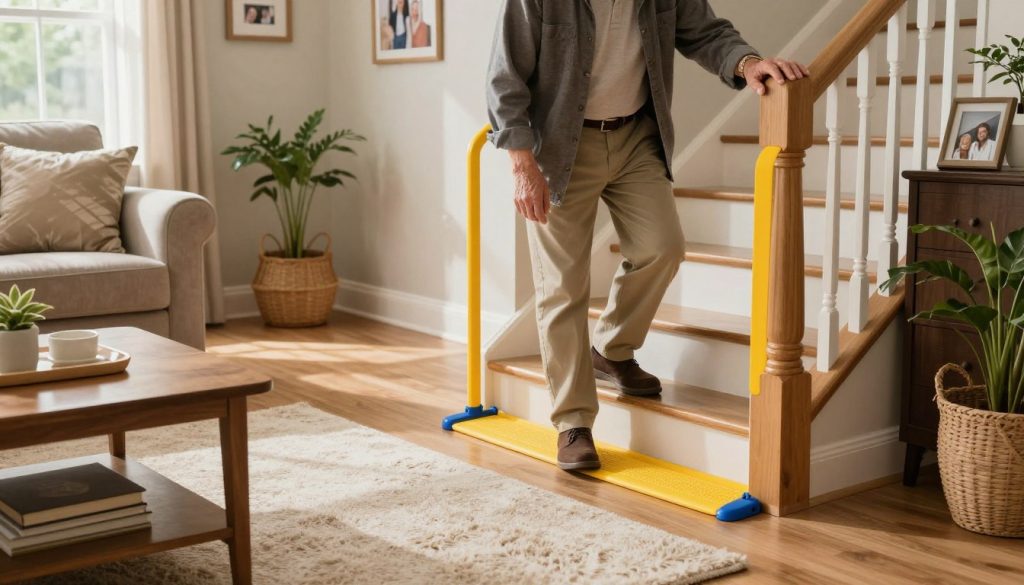 A cozy and well-lit living room emphasizing fall prevention safety measures. In the foreground, a sturdy non-slip rug is placed beneath a coffee table, and a brightly colored safety guardrail can be seen attached to a staircase. In the middle ground, a senior adult wearing neat casual clothing carefully ascends the staircase, holding onto the handrail for support. The background features soft natural light streaming in through a window, illuminating family photographs and plants, creating a warm and inviting atmosphere. The angle is slightly above eye level, highlighting the safety features while still capturing the comfort of the home setting. Overall, the mood is one of safety and comfort, reinforcing the importance of fall prevention in household environments.