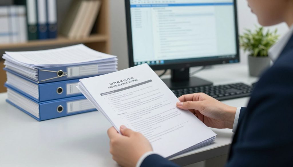 A detailed office setting focused on medical malpractice reporting procedures. In the foreground, a professional individual dressed in business attire sits at a desk, carefully reviewing a stack of paperwork related to medical incident reports. The middle ground features organized files and a computer displaying a legal database on the screen, hinting at the process of documentation. In the background, soft, diffused lighting creates an atmosphere of seriousness and confidentiality, with shelves lined with medical books and legal references. The image should convey a sense of professionalism, diligence, and the importance of accurate reporting in the medical field. The angle should be slightly elevated, giving a comprehensive view of the workspace, while ensuring clarity and focus on the tasks at hand.