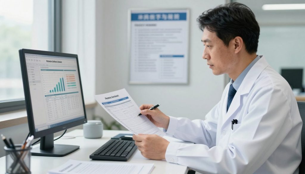 A healthcare professional, dressed in a crisp white lab coat and professional attire, sits at a desk in a well-lit, modern office environment. They are intently reviewing a patient safety incident report on their computer screen, surrounded by medical charts and documents. In the foreground, a close-up of the computer screen reveals clear charts and graphs depicting patient safety statistics, while a pen rests nearby. In the middle ground, a bulletin board displays pinned reminders about safety protocols and incident reporting guidelines. The background shows a large window with soft natural light filtering in, illuminating the room and creating a focused, serious atmosphere. The overall mood conveys professionalism, diligence, and the importance of ensuring patient safety in healthcare settings.