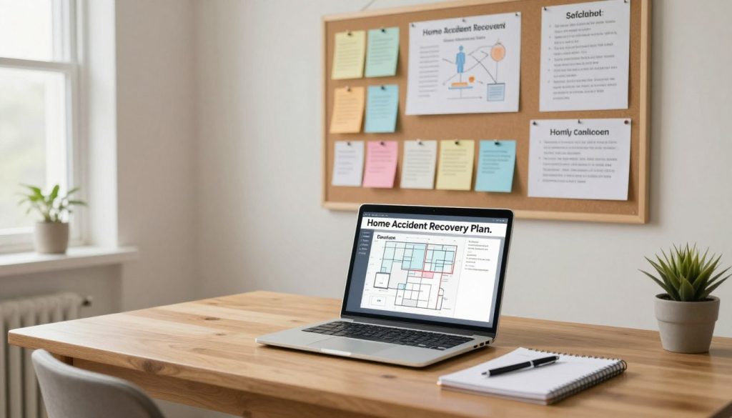 A peaceful and well-organized home office setting dedicated to a "Home Accident Recovery Plan." In the foreground, a wooden desk with a laptop open to a detailed virtual plan, along with a notepad and pen, indicating preparation. In the middle, a bulletin board on the wall filled with colorful notes, charts outlining recovery steps, and family safety guidelines. In the background, a bright window provides gentle natural light, enhancing the inviting atmosphere. Soft, neutral colors dominate the room, creating a calm and reassuring environment. The overall mood conveys a sense of safety, preparedness, and recovery, with no human figures present. The image captures a moment of reflection and planning, emphasizing important follow-up procedures after an accident.