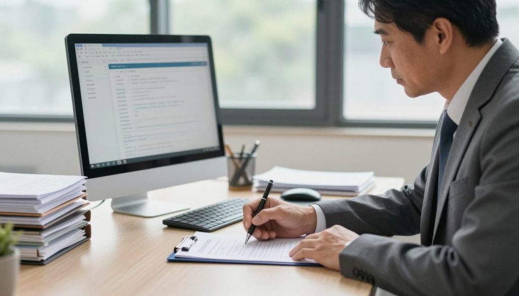 A professional and serene scene depicting an accident claim procedure in action. In the foreground, a person in business attire, a middle-aged individual, is filling out paperwork at a desk with a look of concentration. The middle ground features a well-organized office environment, with a computer displaying a claims management software interface, alongside a neatly arranged folder with documents. The background shows large windows letting in soft, natural light, casting gentle shadows that create a calm atmosphere. The overall mood is focused and professional, reinforcing the theme of handling claims responsibly. The image should maintain an inviting and orderly feel, emphasizing clarity and organization.
