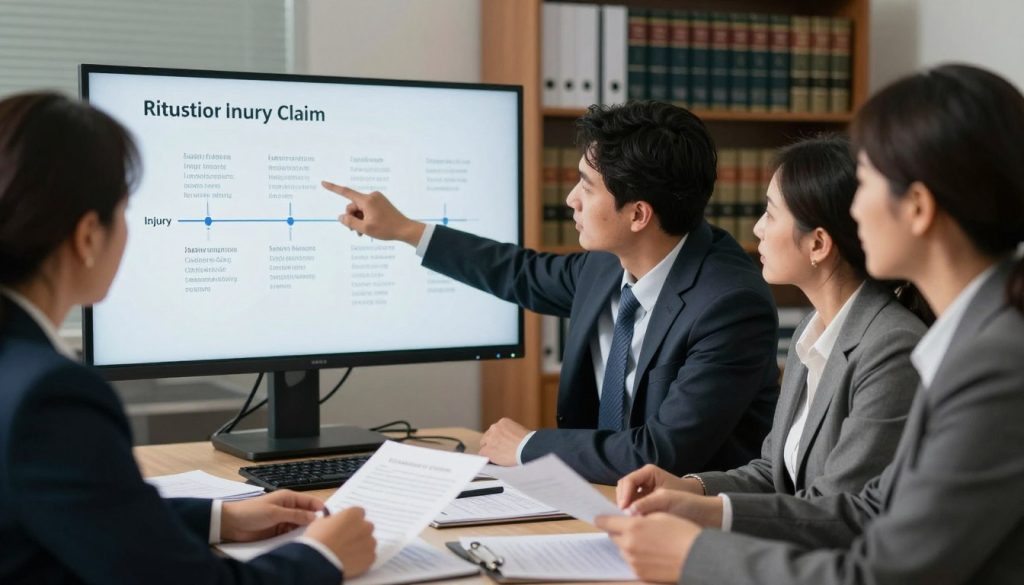 A professional office setting depicting a diverse group of individuals engaged in discussions about an injury claim timeline. In the foreground, a middle-aged woman in a smart business outfit is analyzing documents on a table. The middle layer features a man in business attire pointing at a timeline chart displayed on a large monitor, showcasing various stages of a claim and potential delays. The background includes blurred shelves filled with legal books and paperwork, creating an ambiance of diligence and complexity. Soft, diffused lighting illuminates the room, enhancing focus on the subjects. The mood conveys a serious yet collaborative atmosphere, underscoring the challenges of litigation and special circumstances in injury claims.