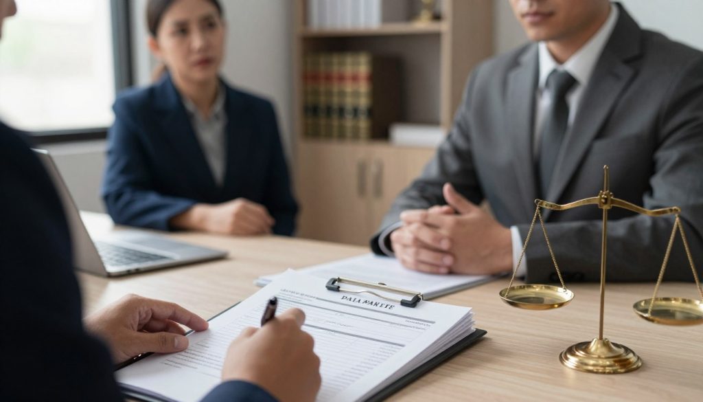 A professional office setting featuring a compassionate medical malpractice lawyer sitting at a desk, reviewing legal documents. In the foreground, a close-up of a clipboard with a medical records form, a pen poised for signing, and a scale of justice symbolically placed beside it. In the middle ground, a concerned patient in business attire, sitting across from the lawyer, looking hopeful and engaged. The background shows legal books and a small bookshelf, with soft, warm lighting creating an atmosphere of seriousness and professionalism. Shot from a slightly elevated angle to capture the tension and focus in the room, with natural light filtering through a window, enhancing the sense of clarity and hope for resolution.