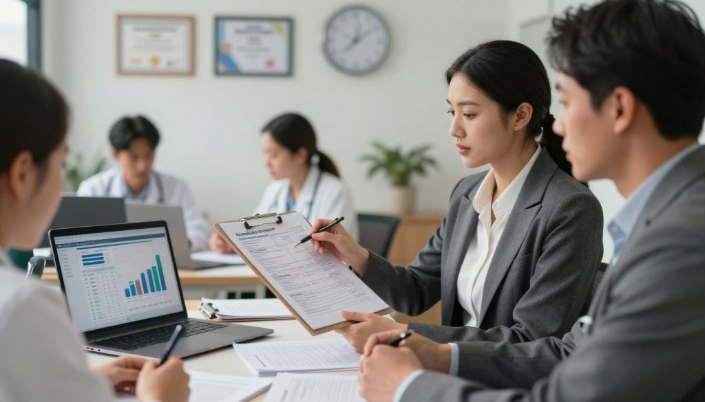 A professional office setting focused on healthcare reporting, featuring a diverse group of healthcare professionals engaged in discussion. In the foreground, a confident woman in a smart business suit is holding a clipboard, pointing to an incident report while a male colleague, also in professional attire, listens attentively. In the middle ground, a desk cluttered with medical documents, pens, and a laptop displays graphs and data charts related to healthcare accidents. The background shows a wall with framed certifications and a clock, indicating a busy work environment. Soft, natural lighting casts a warm glow, creating a serious yet collaborative atmosphere. The image captures the urgency and importance of reporting medical accidents in a professional healthcare context.