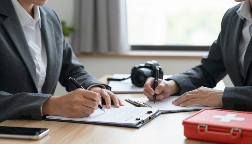 A professional office setting with a focus on documenting injuries for an injury claim. In the foreground, a well-dressed individual in business attire is seated at a desk, carefully filling out paperwork and taking notes on a clipboard. The middle ground features a soft light coming through a window, creating a calm and focused atmosphere. On the desk, medical documents, a digital camera, and a first aid kit are visible, indicating the process of gathering evidence. In the background, a soothing color palette of neutral tones with subtle decorations enhances the professional environment, without distractions. The overall mood is serious yet determined, emphasizing the importance of thorough documentation in the injury claim process.