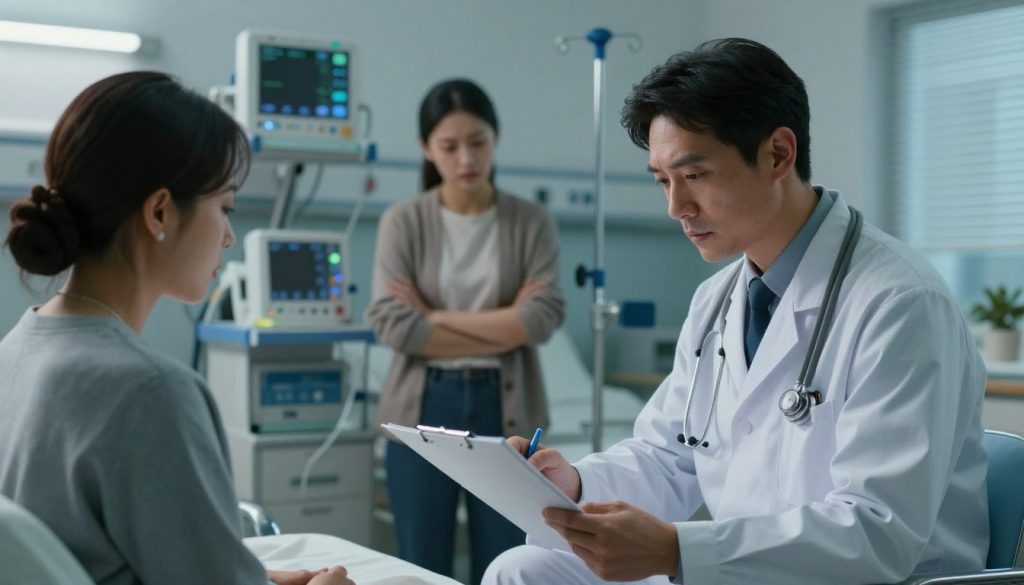 A serene hospital room in the foreground shows a concerned doctor in professional attire examining a patient’s medical chart, depicting a sense of responsibility. In the middle ground, a family member stands anxiously, highlighting emotional distress. The background features hospital equipment like monitors and IV stands, under soft, diffused lighting to create a moody atmosphere of tension and concern. The scene captures a moment of reflection, emphasizing the importance of patient care and the potential for negligence. The overall composition should evoke a feeling of seriousness and contemplation, while maintaining a professional tone suitable for an informative article.