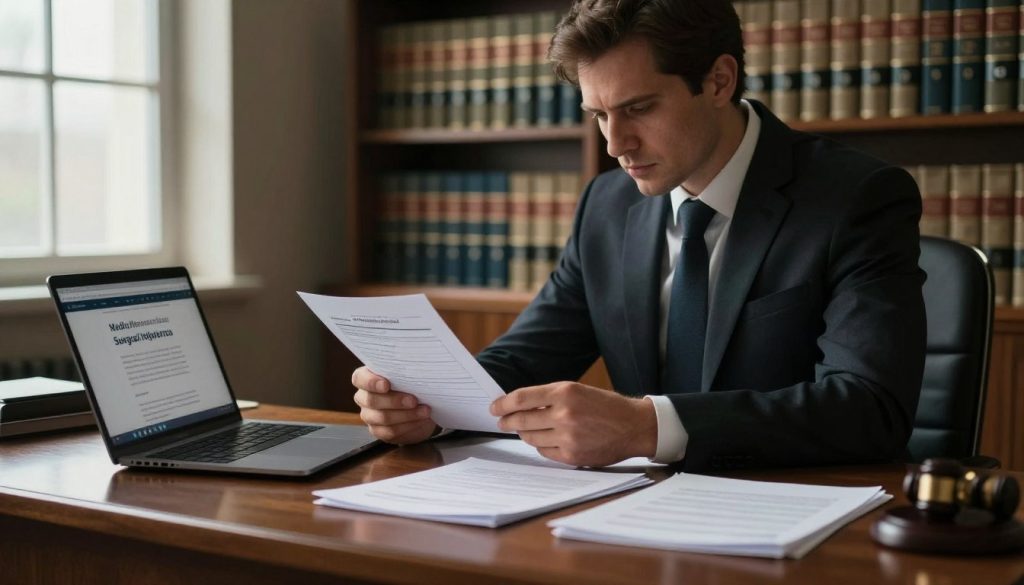 A somber, professional office setting focused on legal options related to surgical errors. In the foreground, a lawyer in a smart, dark suit sits at a polished wooden desk with legal documents spread out in front of him, highlighted by soft, warm lighting. A laptop displays a law firm's website about medical negligence. In the middle, there’s a blurred image of a medical report, partly visible, emphasizing the gravity of surgical mistakes. In the background, shelves lined with law books provide context, while a large window lets in natural light, casting soft shadows. The overall mood is serious and contemplative, evoking a sense of urgency and professionalism, ideal for discussing the next steps after a surgery error.