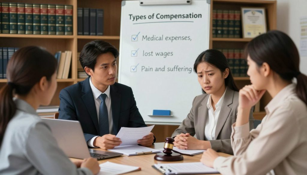 A visual representation of the medical malpractice compensation process, featuring a diverse group of professionals in a well-lit office setting. In the foreground, a confident lawyer and a concerned, but hopeful patient are engaged in a discussion, with legal documents and a laptop on the table in front of them. The middle ground highlights a whiteboard displaying key points about types of compensation, such as medical expenses, lost wages, and pain and suffering. In the background, shelves filled with legal books and certificates create an authoritative atmosphere. The lighting is warm and inviting, suggesting trust and support. The mood conveys a blend of professionalism and empathy, underscoring the seriousness of medical errors and the importance of seeking compensation.