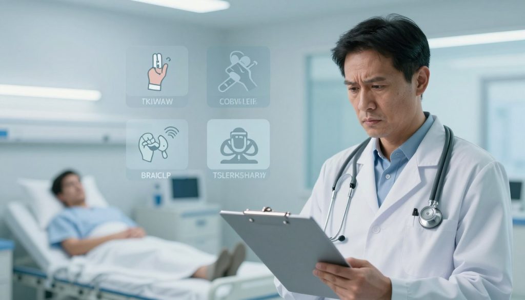 A visually engaging breakdown of physician mistakes in a clinical setting. In the foreground, a physician in professional attire examines a clipboard, looking concerned, with a stethoscope around their neck. In the middle, a montage of common medical accidents, such as a patient receiving the wrong medication, a surgical error, and a diagnostic oversight, illustrated with subtly labeled icons. The background features a hospital ward with sterile white walls, soft blue lighting creating a calm yet serious atmosphere. Use a slightly blurred depth of field to focus on the physician and the clipboard, emphasizing their expression and the critical nature of the scenario. Overall, promote a mood of caution and professionalism, underscoring the importance of diligence in medical practice.