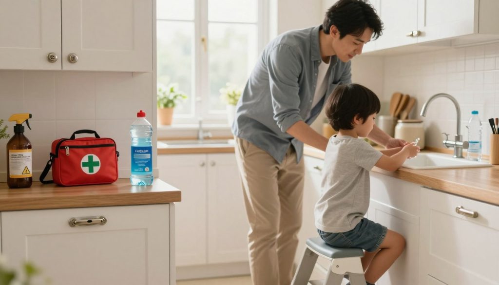 A visually engaging scene depicting various household safety measures. In the foreground, a well-organized kitchen with childproof locks on cabinets, a first aid kit, and warning labels on cleaning products. In the middle, an attentive adult in modest casual clothing supervising a child who is safely using a step stool to wash their hands at the sink. On the counter, a bottle of water is placed securely out of reach. In the background, soft natural light filters through a window, creating a warm and inviting atmosphere. The angle captures both the individual safety measures and the caring interaction, emphasizing a proactive approach to preventing poisoning, choking, and drowning in a household setting.