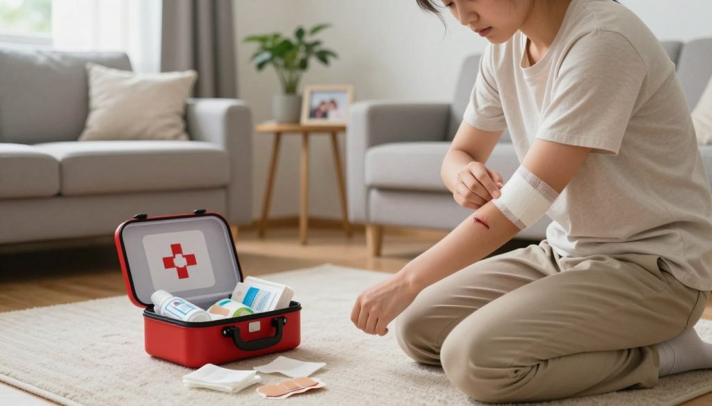 A well-lit living room scene showcasing a home injury protocol in action. In the foreground, a concerned person dressed in modest casual clothing is kneeling beside a family member, applying a bandage to a minor cut on their arm. The middle ground reveals a first aid kit opened with supplies like antiseptic wipes, gauze, and adhesive bandages visibly scattered. In the background, a cozy home atmosphere is created with soft lighting from a nearby window, highlighting a plant on a side table and a family photo on the wall. The overall mood is calm and focused, emphasizing care and attention in a moment of minor crisis. The angle captures both the individuals and the first aid kit effectively, ensuring a clear understanding of the injury response process.