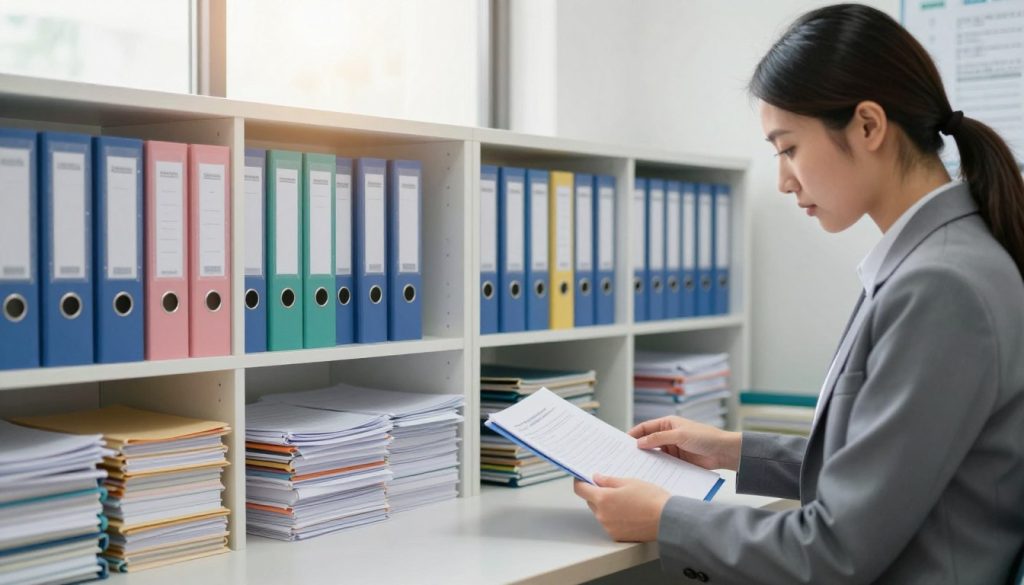 A well-organized medical records room, featuring neatly stacked files and colorful folders with labels. In the foreground, a focused healthcare professional in professional business attire is reviewing documents, exuding a sense of diligence and care. The middle ground shows shelving filled with organized binders and patient files, creating a structured environment. In the background, soft natural light filters through a large window, casting a warm glow on the scene, enhancing the atmosphere of safety and reliability. The lens captures a slightly angled view, emphasizing the depth of the records room while maintaining a clean and professional aesthetic. The mood is calm and reassuring, symbolizing the importance of proper medical record management in preventing medical accidents.