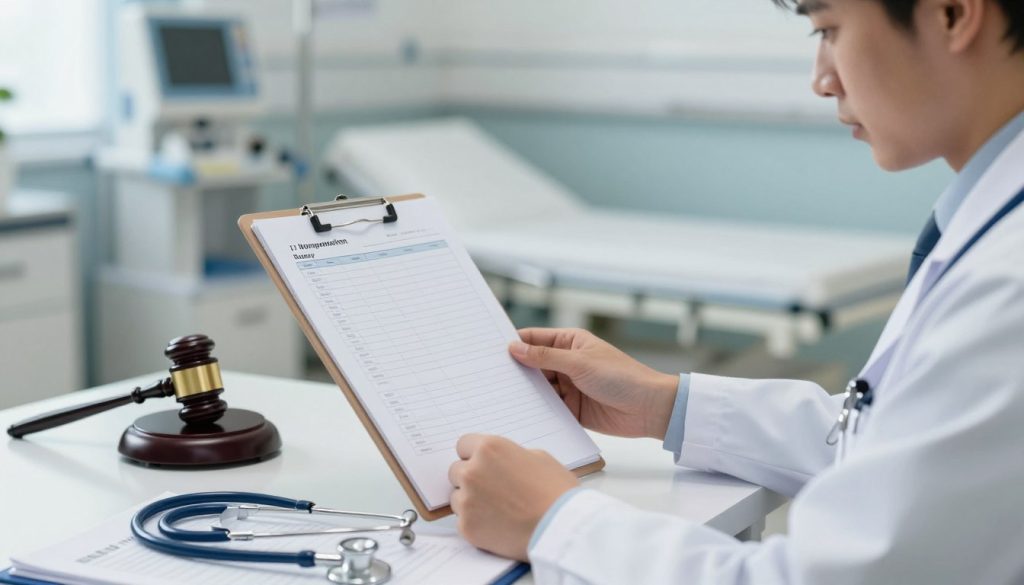 A well-organized scene illustrating the elements of a medical malpractice claim. In the foreground, a doctor in a professional white coat, with a concerned expression, is seated at a desk cluttered with medical documents and a stethoscope. The middle ground features a large clipboard with a checklist labeled with terms like "Negligence," "Injury," and "Compensation," alongside a gavel symbolizing legal proceedings. The background includes a soft-focus hospital environment, with blurred medical equipment and a hospital room to evoke a sense of urgency. The lighting is soft yet bright, creating an atmosphere of professionalism mixed with tension. The perspective is slightly elevated, capturing the desk with the doctor in focus, emphasizing the importance of proper conduct in medical care.